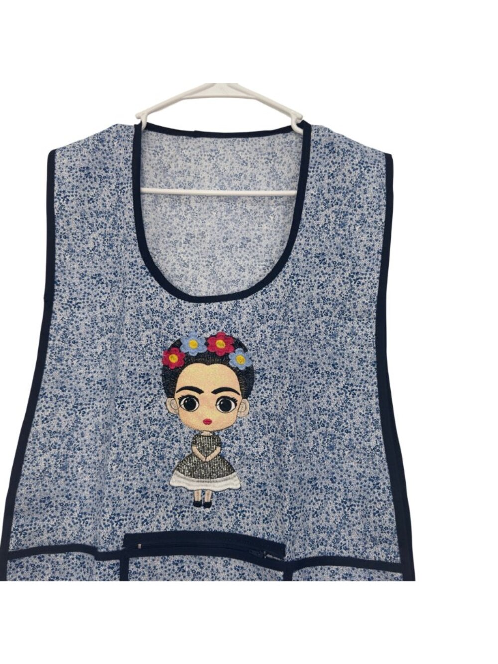 Apron Women One Size Blue Floral Frida-Inspired Embroidered Pockets Tie Closure - Picture 2 of 8